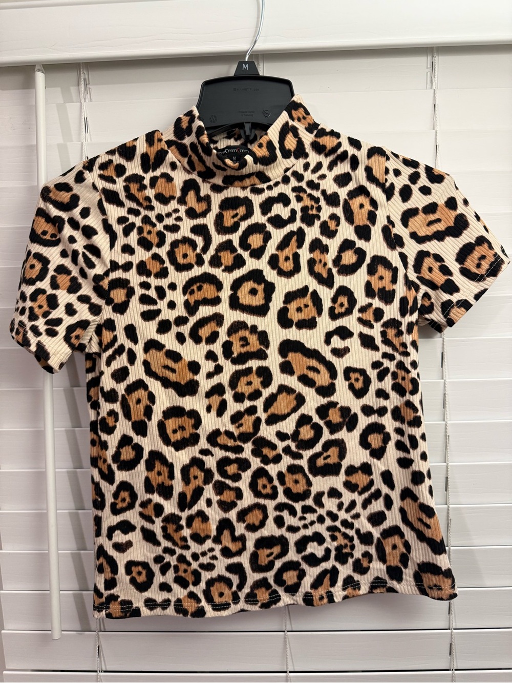 Leopard Print Ribbed Mock Neck Crop Top - Beige/Tan